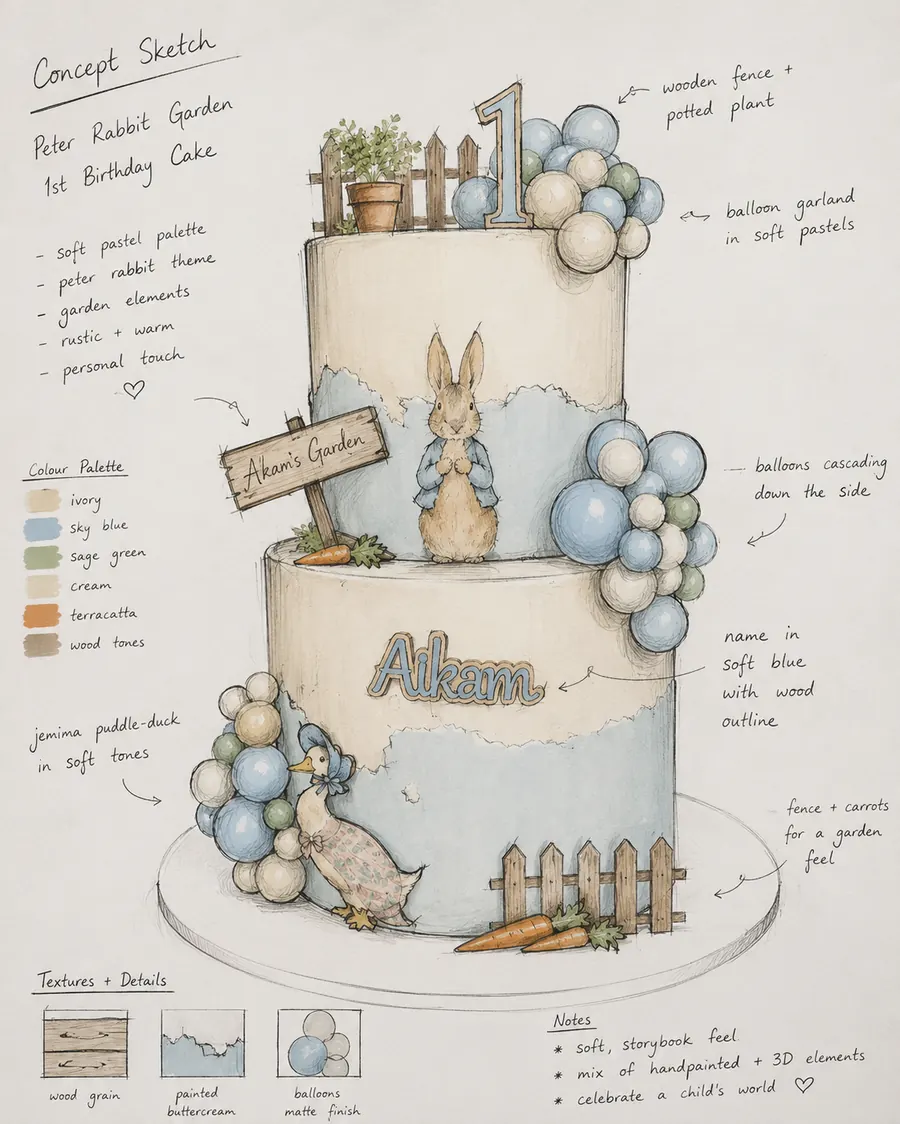 Hand drawn concept sketch for a Peter Rabbit garden first birthday cake, annotated with colour palette, textures and construction notes