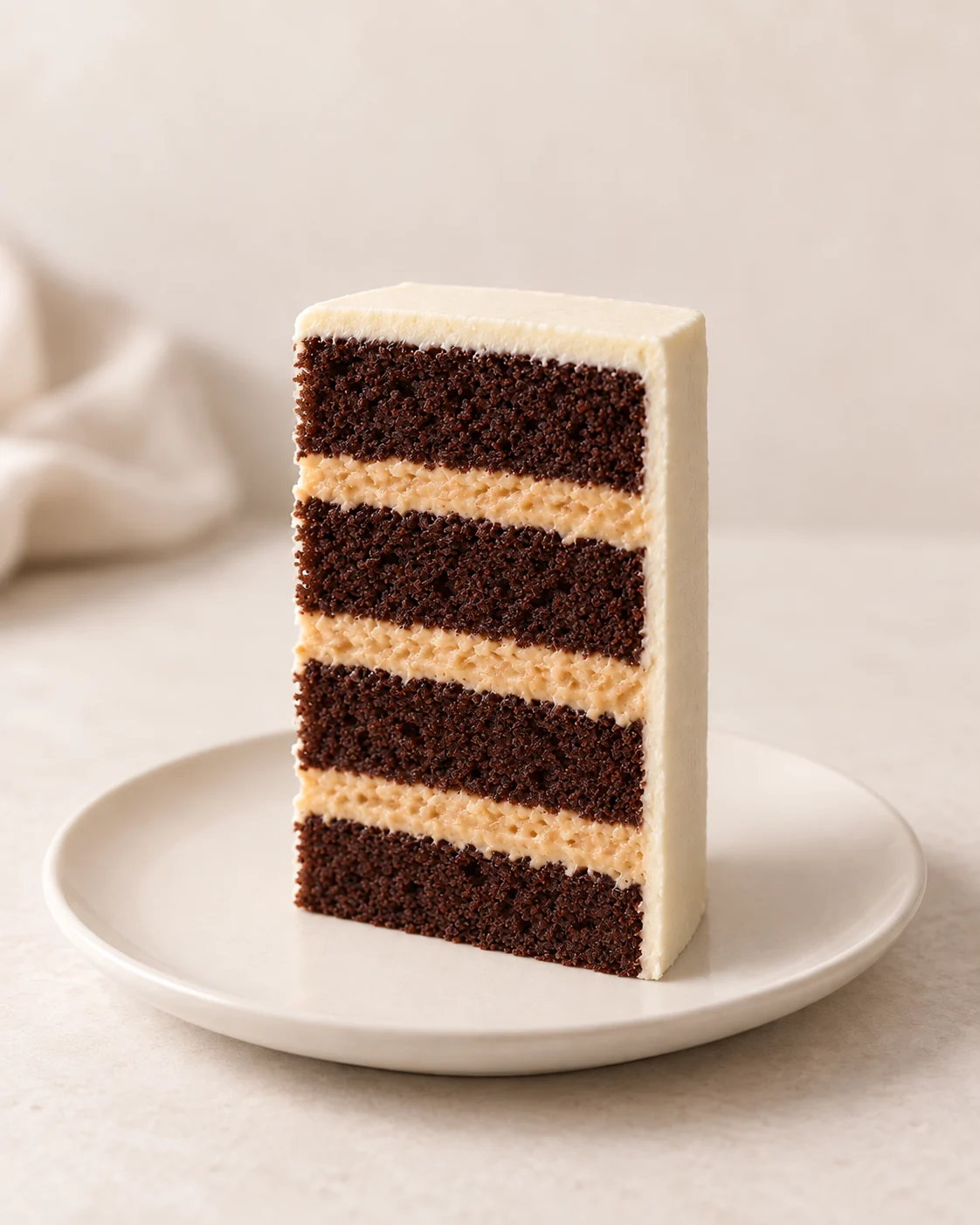 Dark chocolate wedding cake finger slice with salted caramel buttercream layers and an ivory finish.