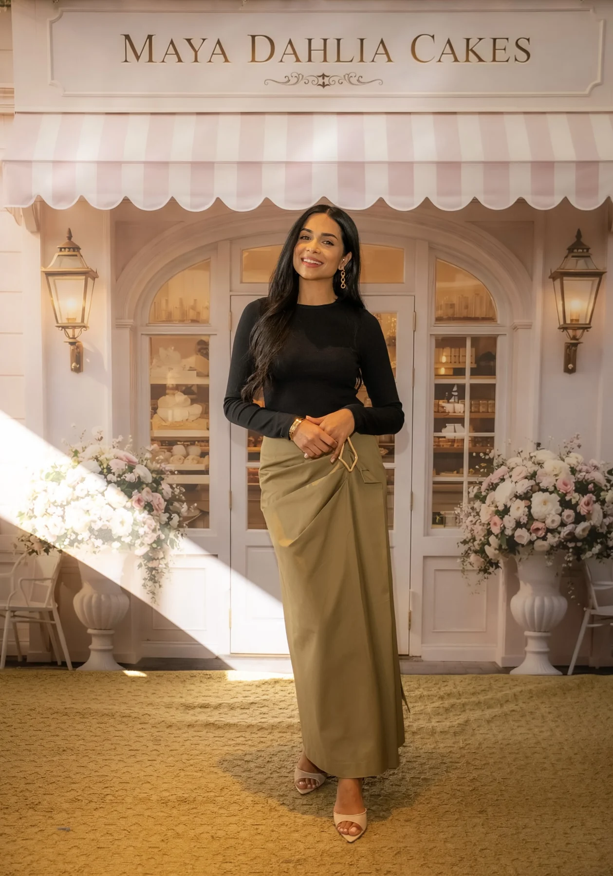 Krishma standing in front of a floral Maya Dahlia Cakes shopfront backdrop.