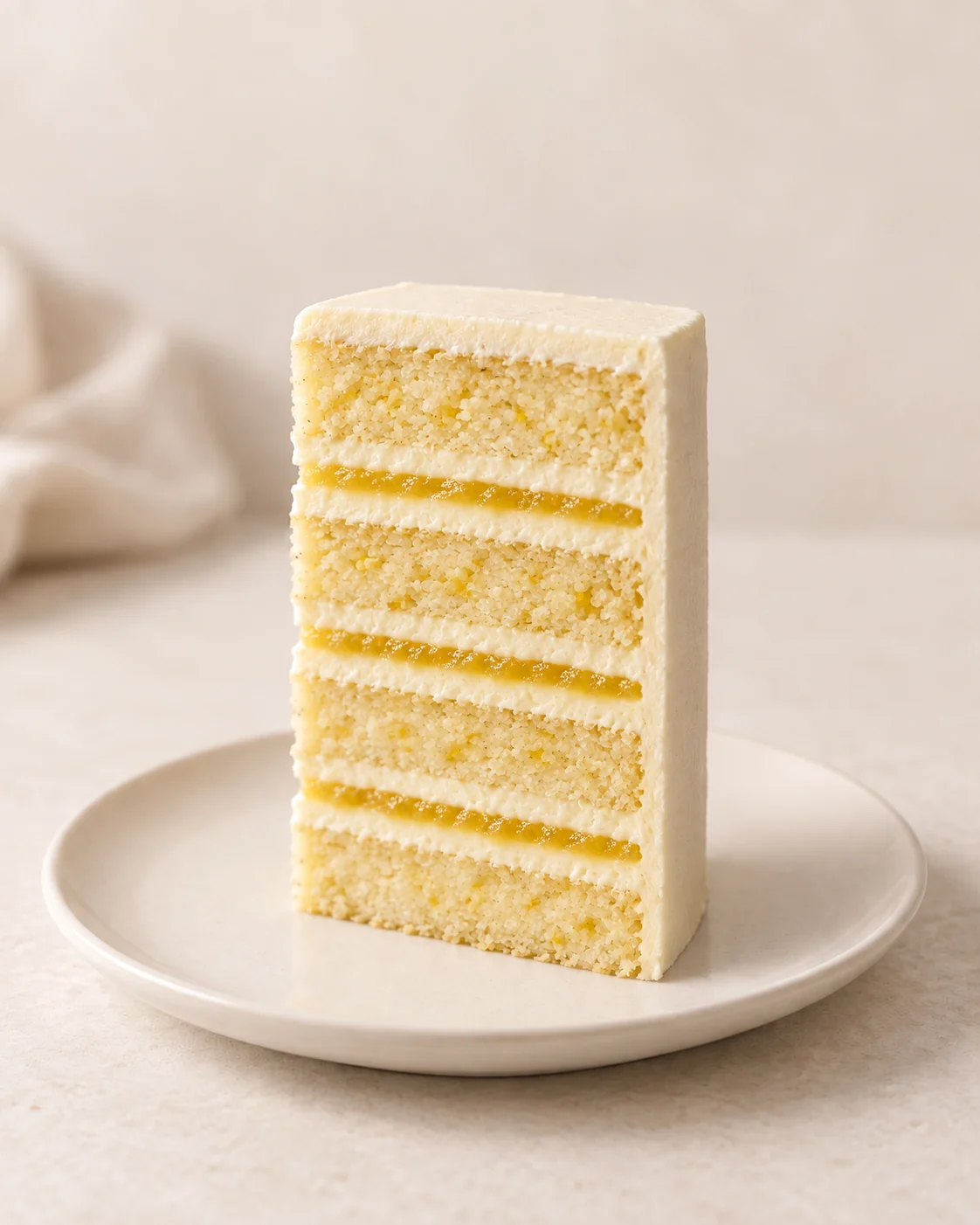Lemon wedding cake finger slice with pale sponge, lemon buttercream, golden curd and ivory icing.