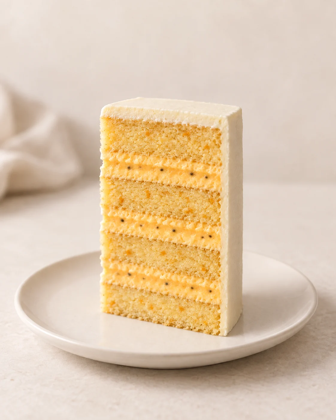 Orange wedding cake finger slice with mango and passion fruit buttercream and smooth ivory icing.