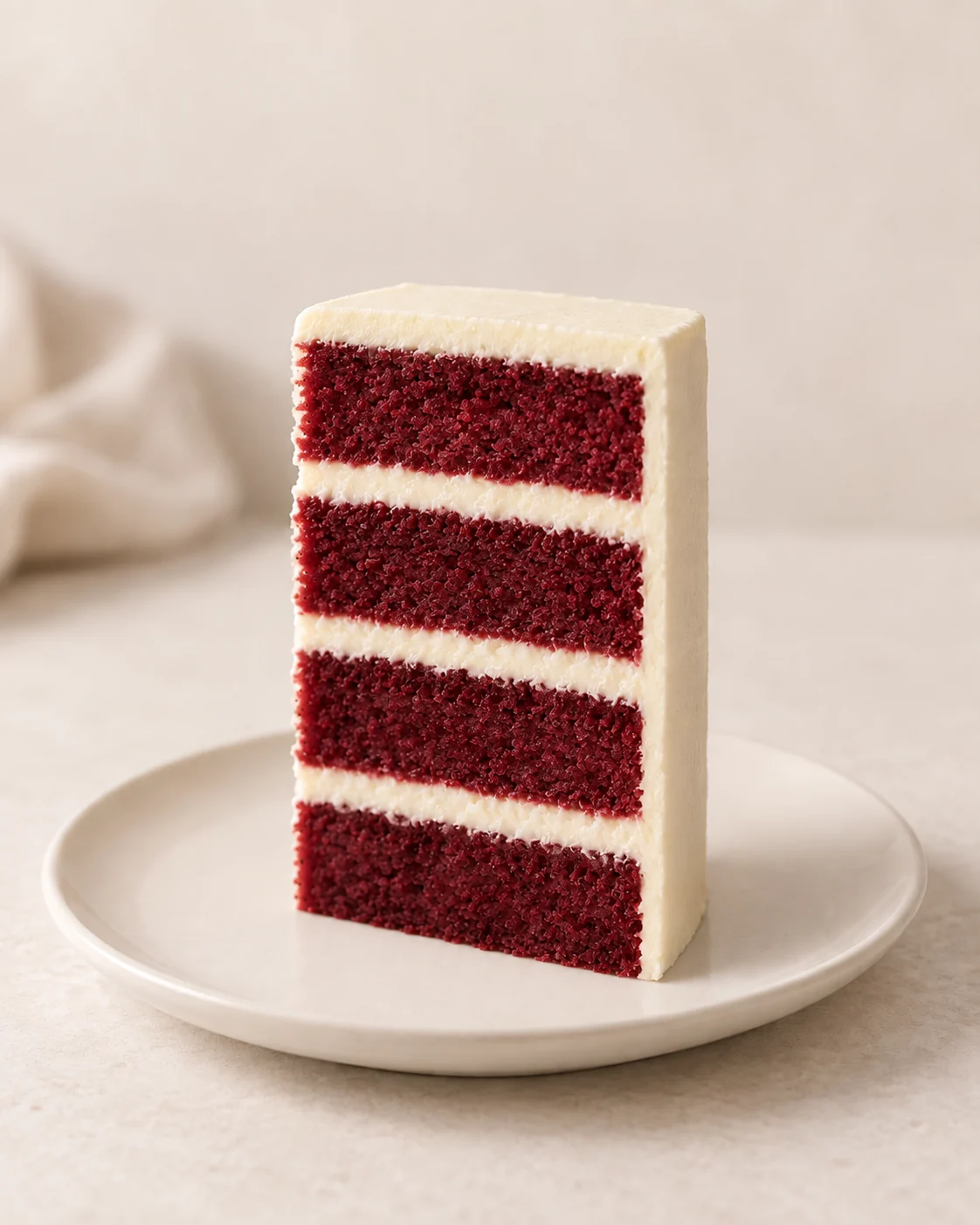 Red velvet wedding cake finger slice with deep red sponge, cream cheese frosting and ivory icing.