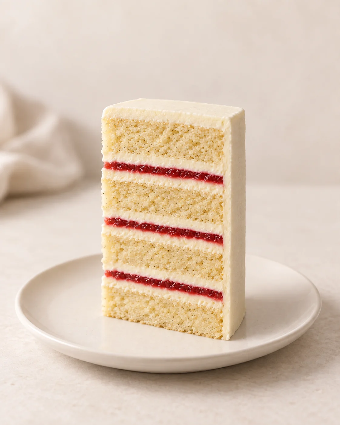 Vanilla wedding cake finger slice showing vanilla buttercream and strawberry preserve beneath ivory icing.