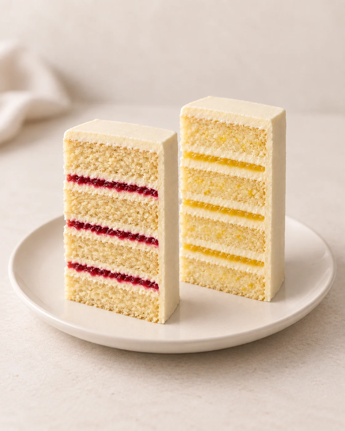 Two ivory-finished wedding cake finger slices showing raspberry and coconut filling, and lemon buttercream with curd.